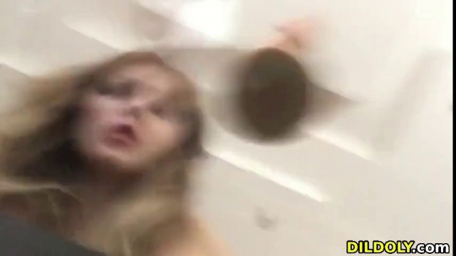 Petite Babe sucks and fucks her dildo in 3 holes