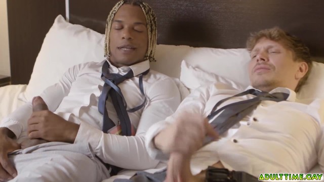 Work colleagues Ethan Chase and Adrian Hart jerking off side by side