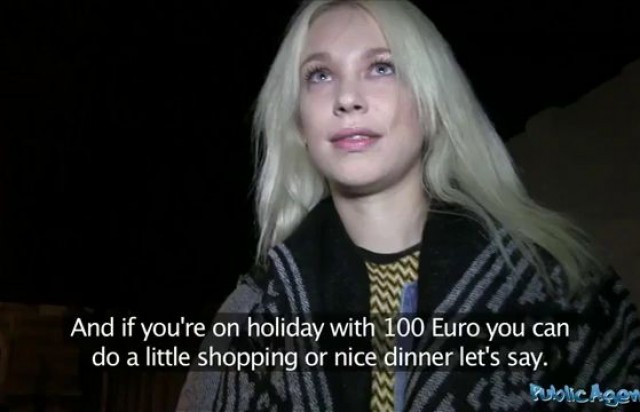 Russian blonde gave herself for money to a stranger in the street at the entrance