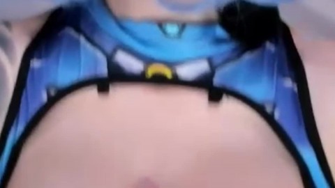 Rubbing Dildo on Her Oiled Huge Titties