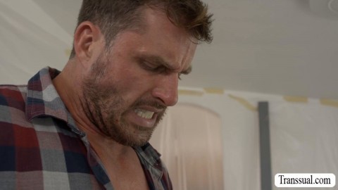 Busty slut TS anal fucked by two carpenters