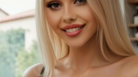 Blonde beauty in black lingerie caressing her massive natural tits