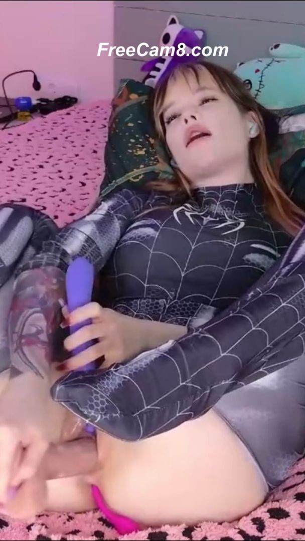 Cosplay Babe Stuffs Her Creamy Pussy with a Thick Purple Dildo