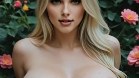Blonde Babe Swallows His Thick Cock Deep in a Private Garden