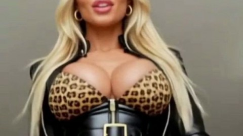 Blonde Tranny in Leopard Police Outfit Shows Huge Cock