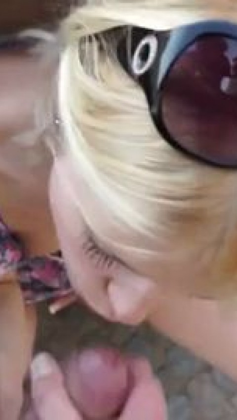 Blonde girl in flower printed dress is kneeling and sucking dick like a real slut gorgeous pussy