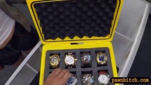 Woman with glasses sells her watches and pounded by pawn guy