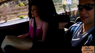 Slutty babe Jessica Rex stripteases in stranger car